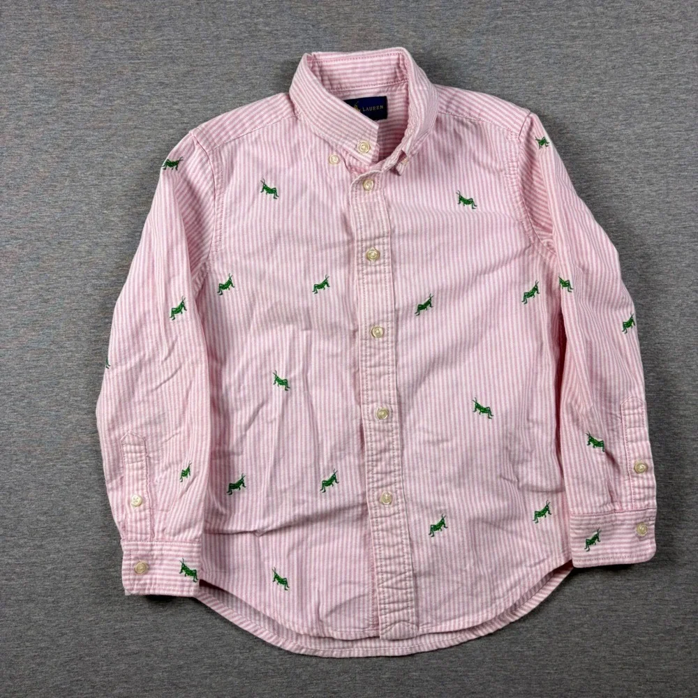 Ralph Lauren Shirt Boys 6 Pink Stripe Grasshopper Embroidered Button Down